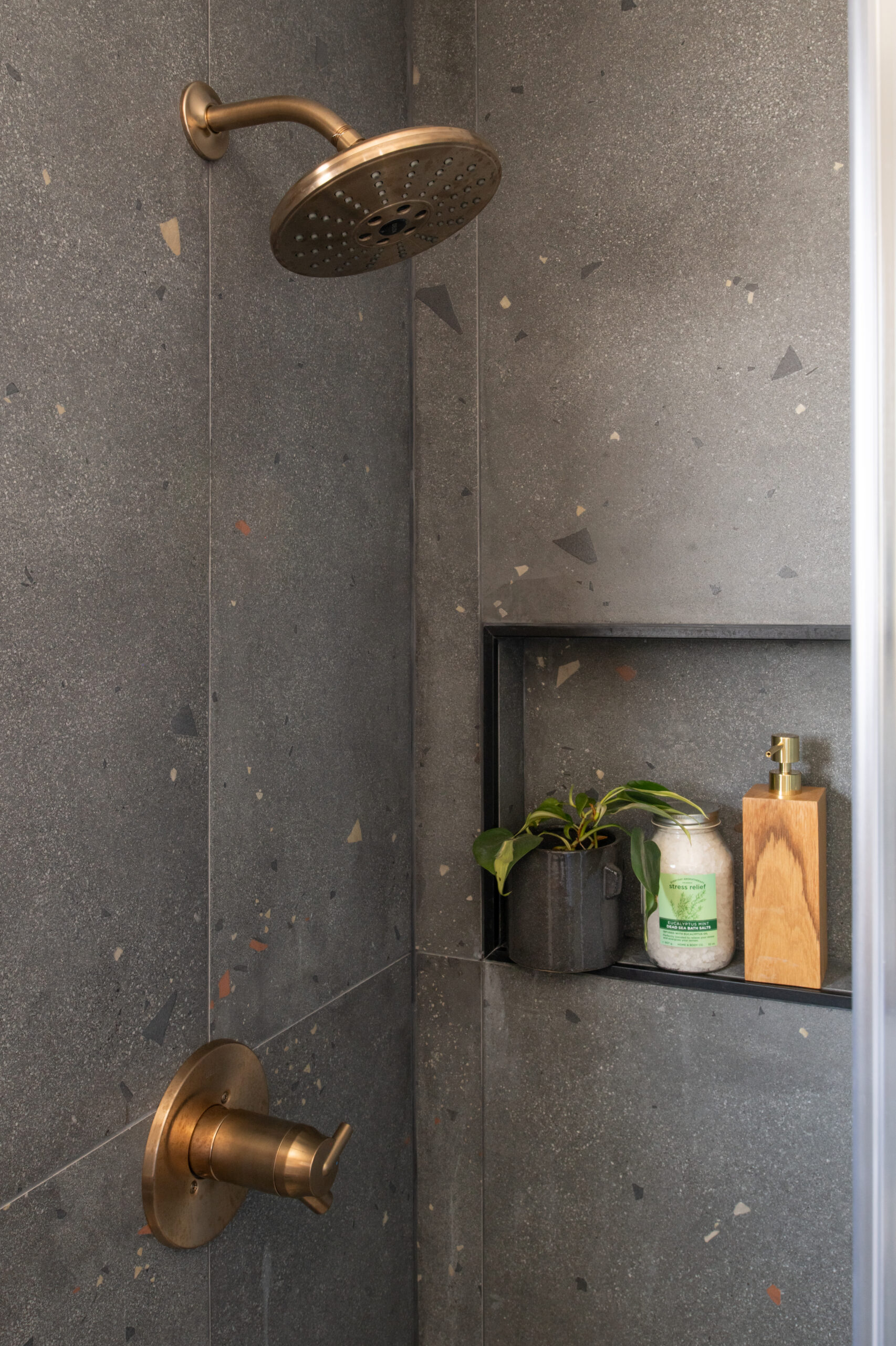 Master Bathroom with dark tile shower with brass shower head. Shower Niche with a plant, bath salts and wooden soap dispenser